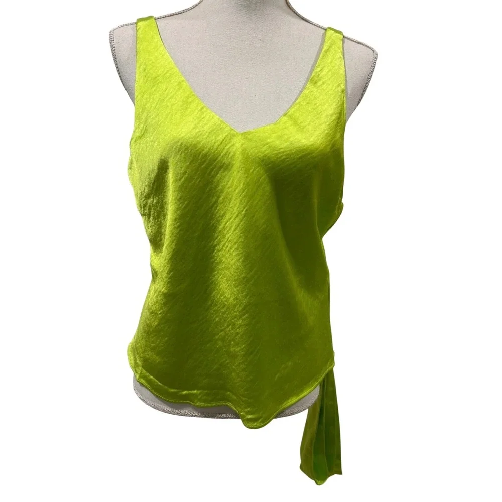 The Empower Satin Cami Neon Green V-Neck Tank Top with Scarf Medium